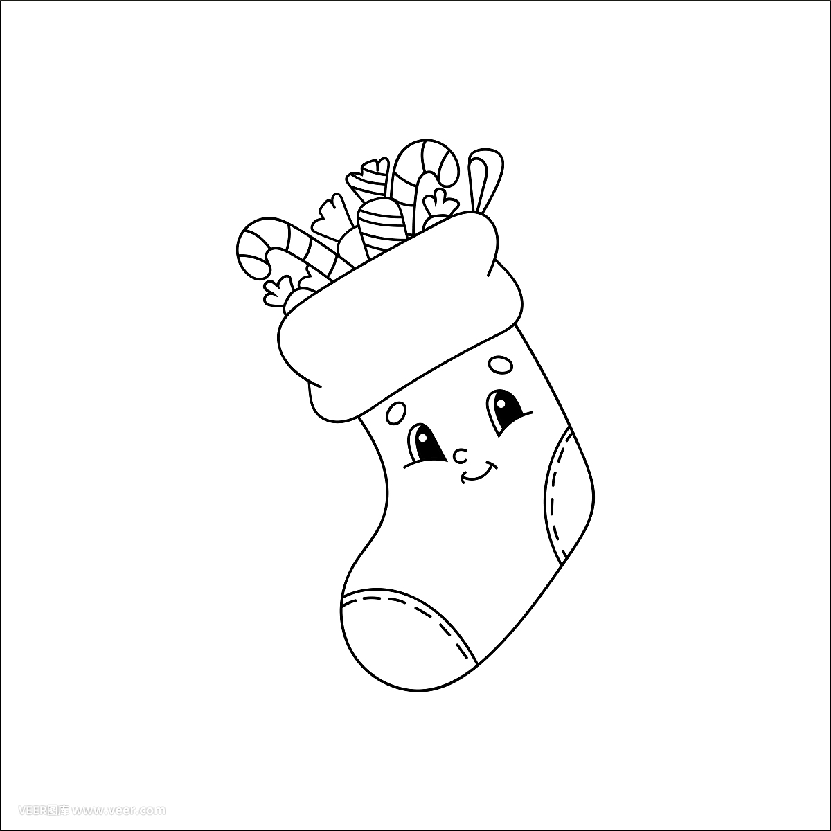 裝有禮物的圣誕襪。兒童涂色書(shū)。開(kāi)朗的性格。矢量插圖。可愛(ài)的卡通風(fēng)格。兒童幻想頁(yè)面。黑色的輪廓剪影。孤立在白色背景上。