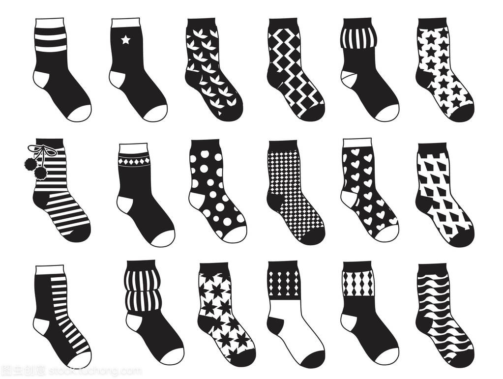 孩子的剪影襪子與不同模式。矢量單色插圖隔離